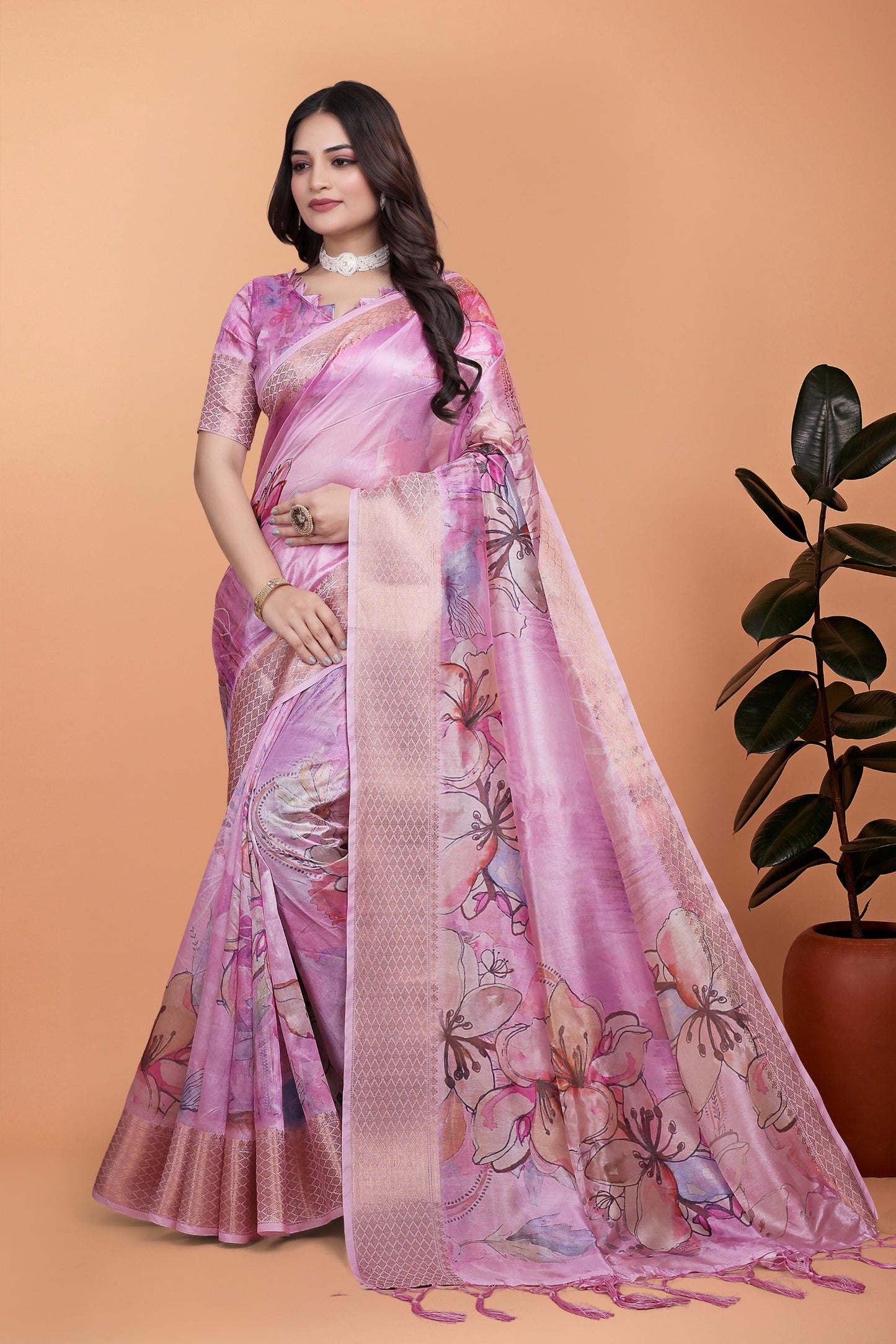 Baby Pink Soft Silk Saree with Floral Digital Print & Copper
