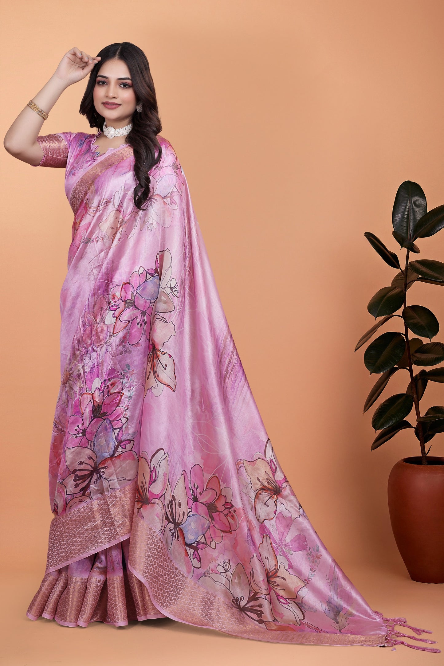 Baby Pink Soft Silk Saree with Floral Digital Print & Copper