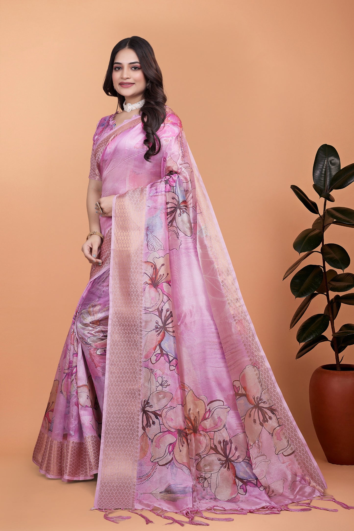 Baby Pink Soft Silk Saree with Floral Digital Print & Copper