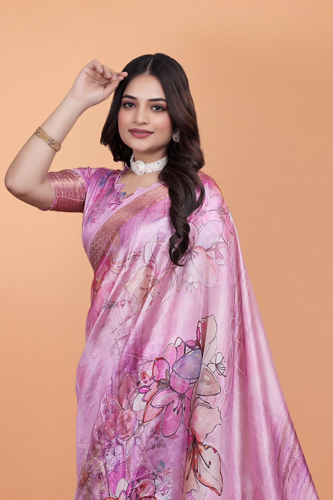 Baby Pink Soft Silk Saree with Floral Digital Print & Copper