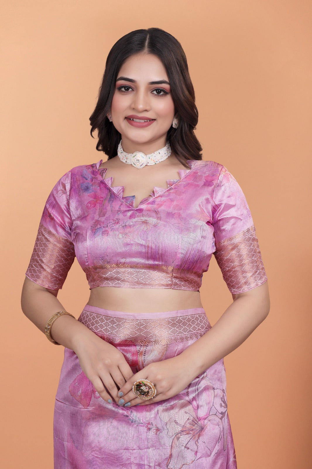 Baby Pink Soft Silk Saree with Floral Digital Print & Copper