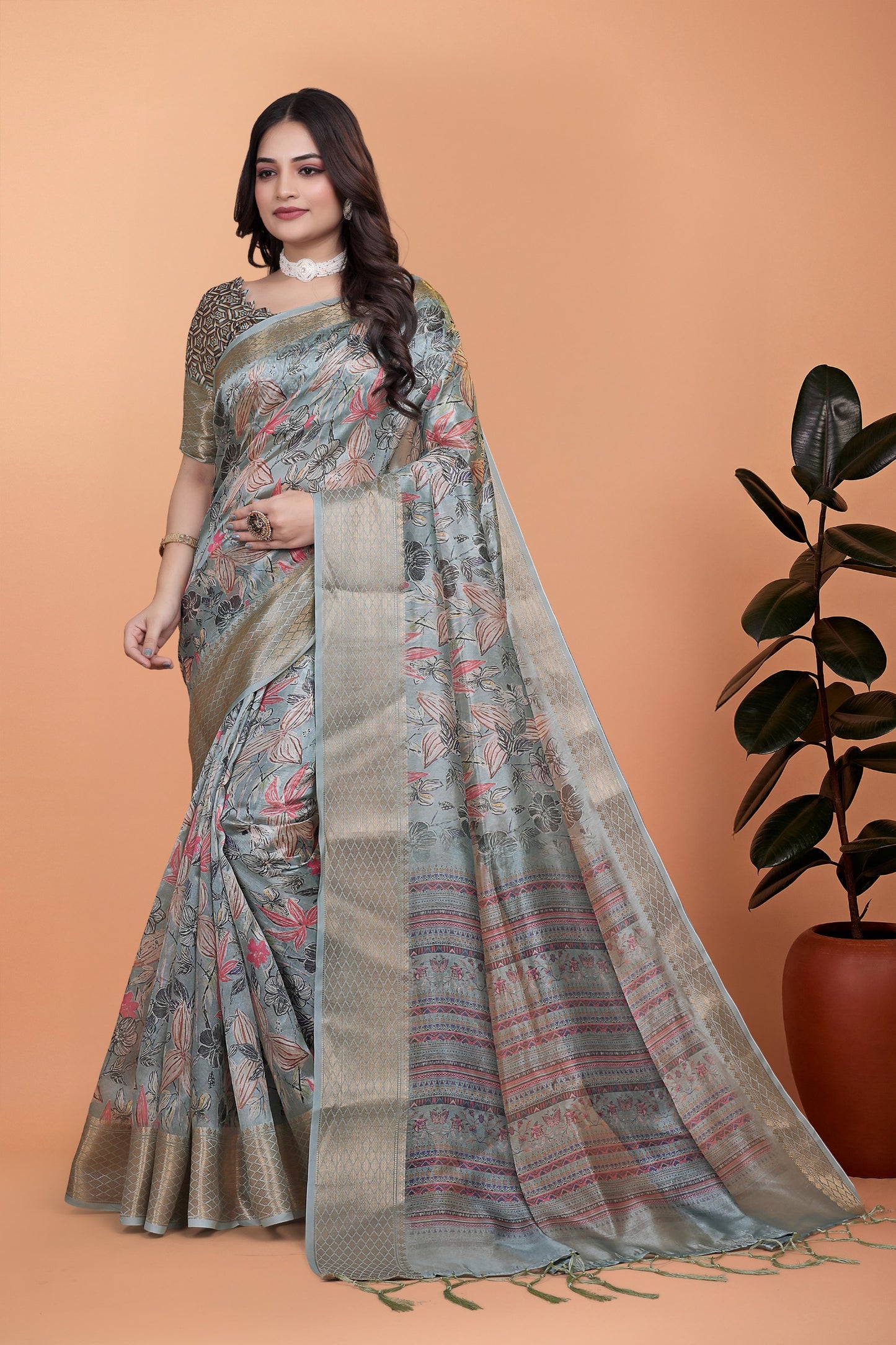 Soft Blue-Green Floral Printed Silk Saree with Zari Border