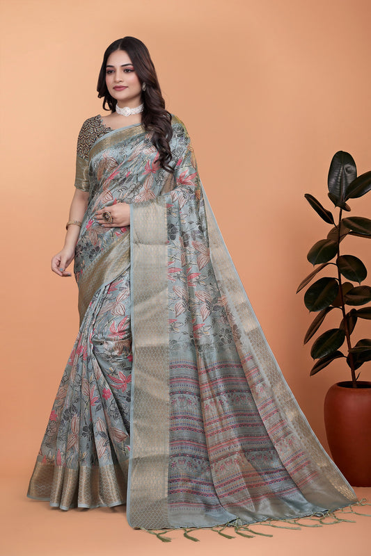 Soft Blue-Green Floral Printed Silk Saree with Zari Border