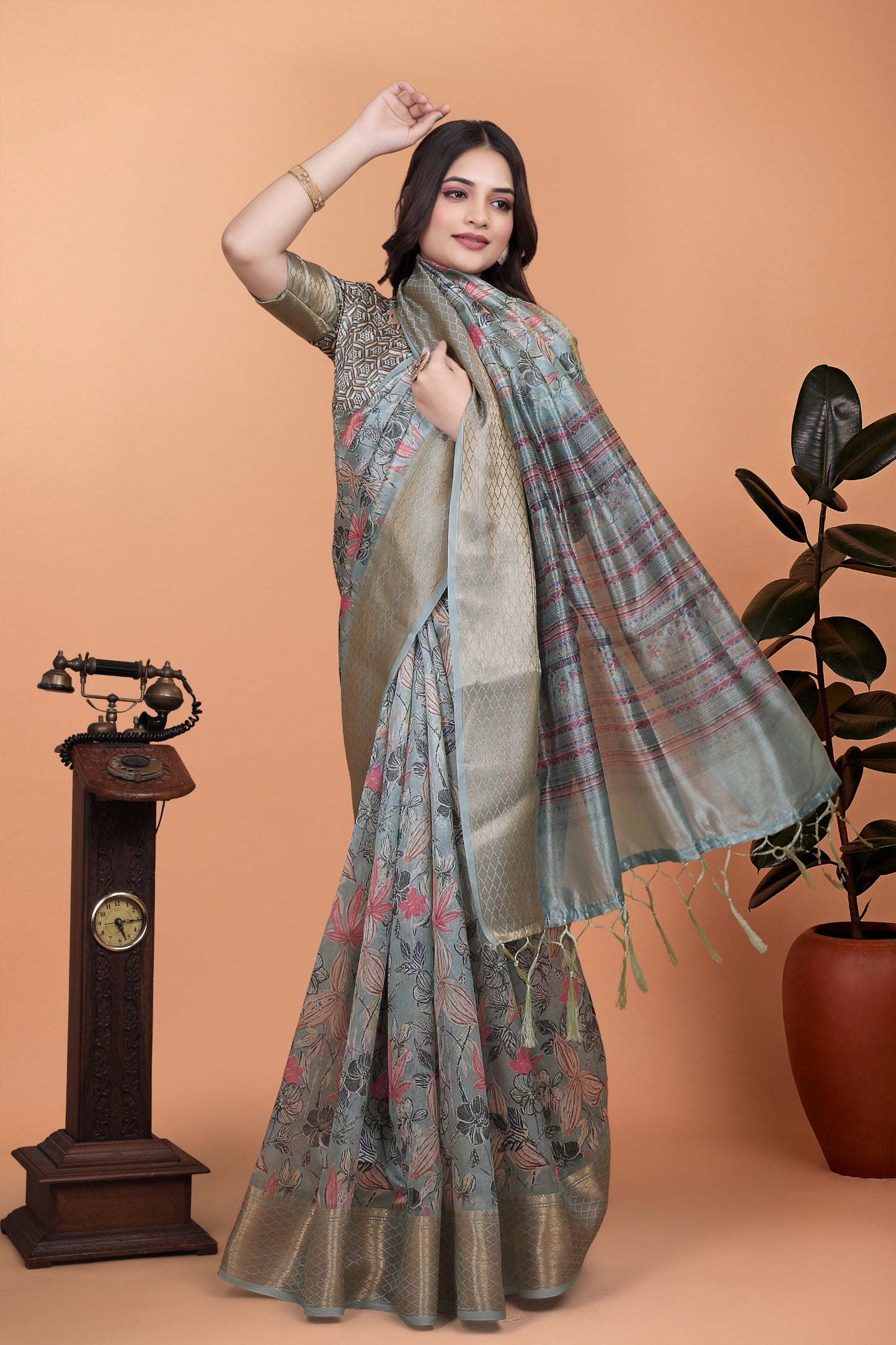 Soft Blue-Green Floral Printed Silk Saree with Zari Border