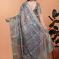 Soft Blue-Green Floral Printed Silk Saree with Zari Border