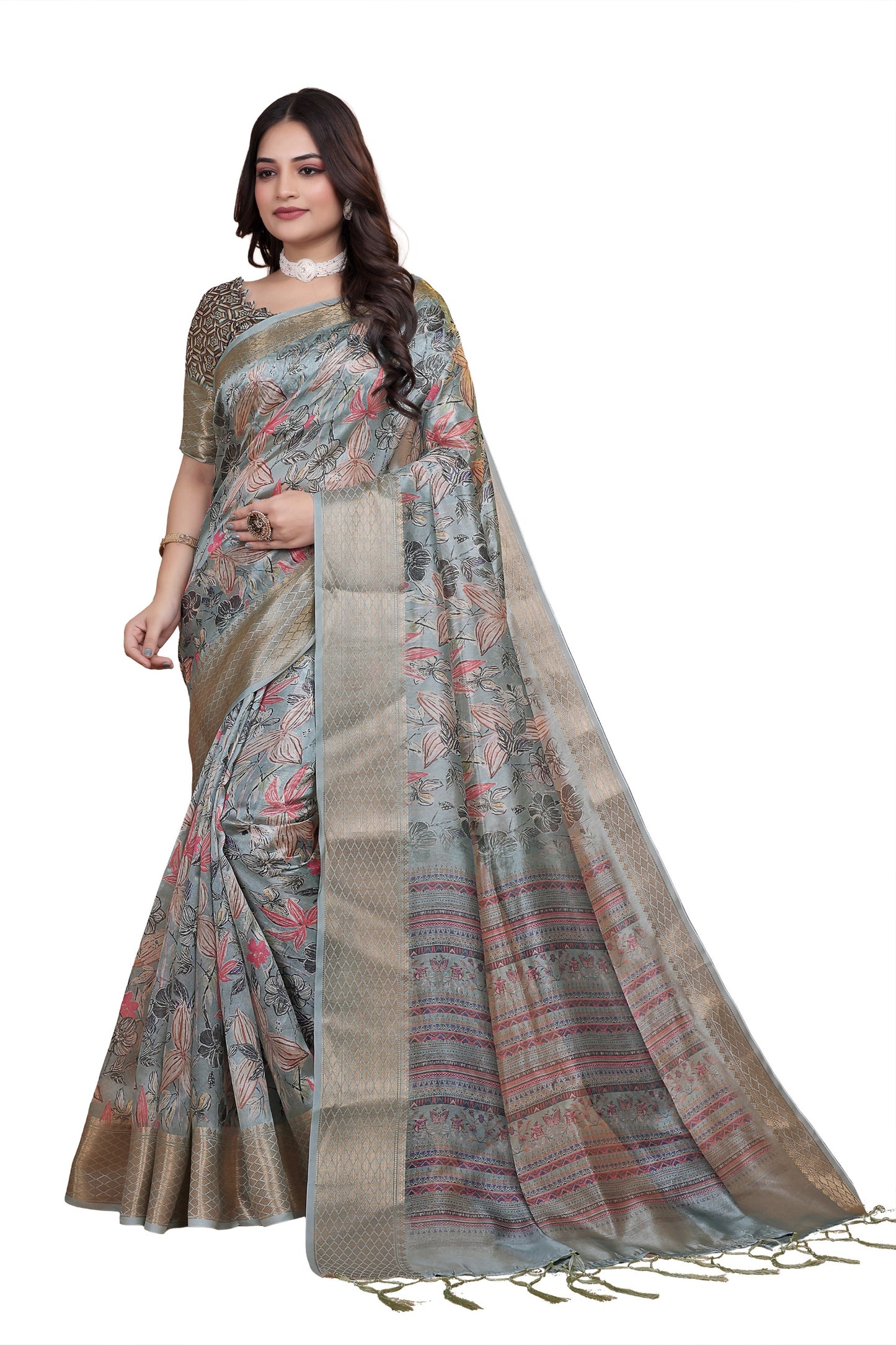 Soft Blue-Green Floral Printed Silk Saree with Zari Border
