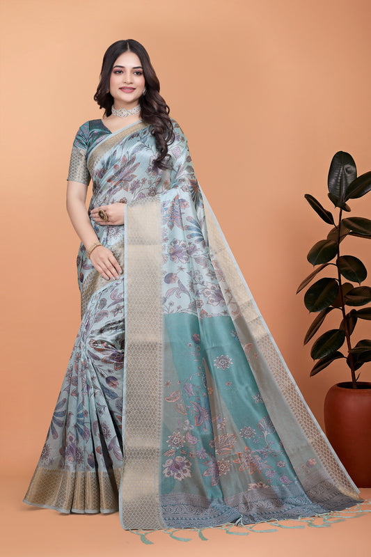 Pastel Blue & Teal Soft Silk Saree with Floral Weaving