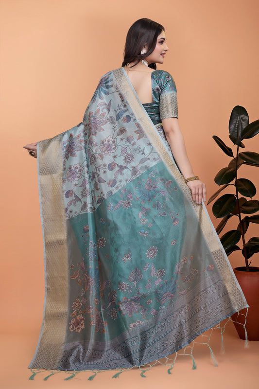 Pastel Blue & Teal Soft Silk Saree with Floral Weaving