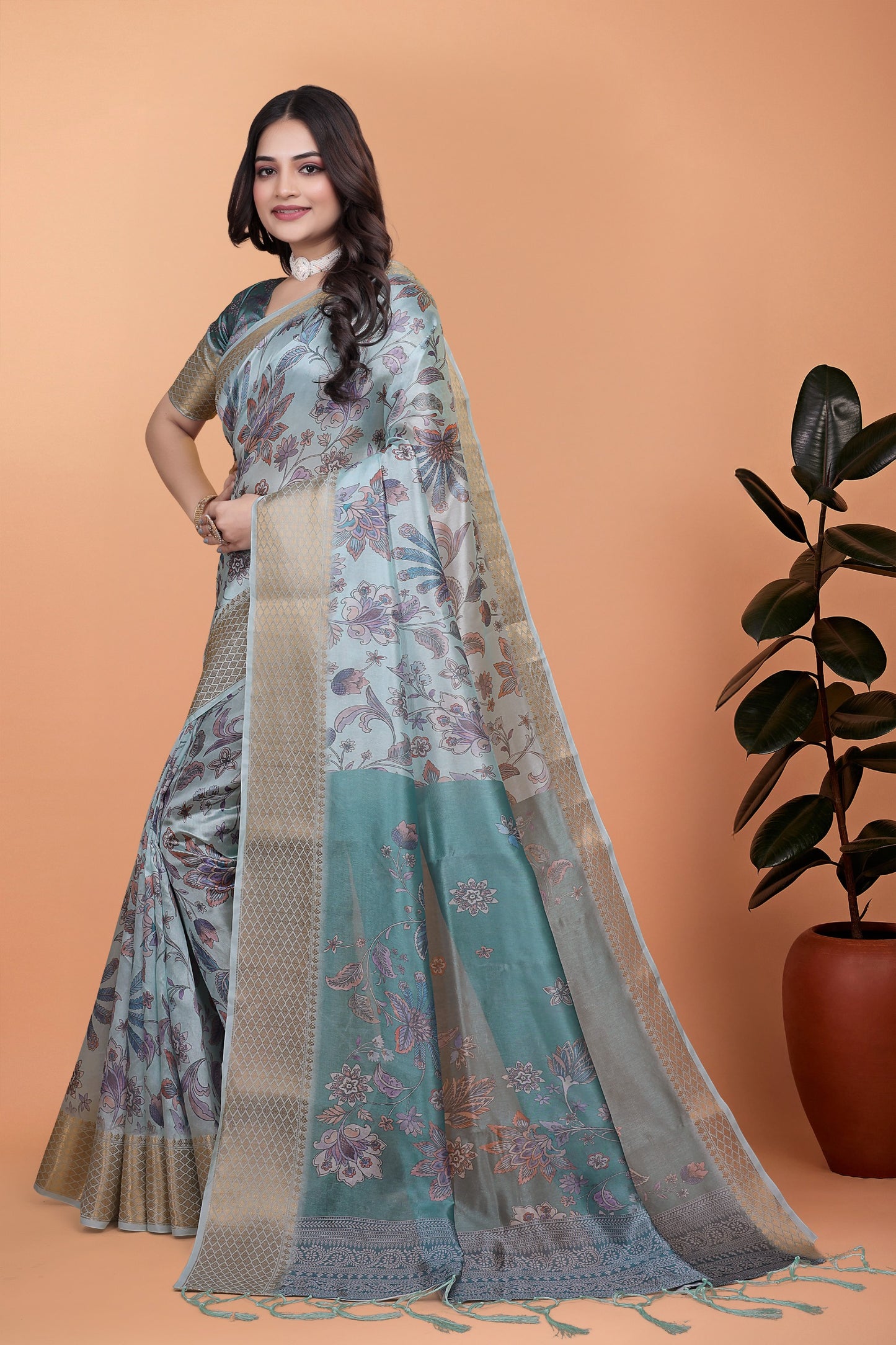 Pastel Blue & Teal Soft Silk Saree with Floral Weaving