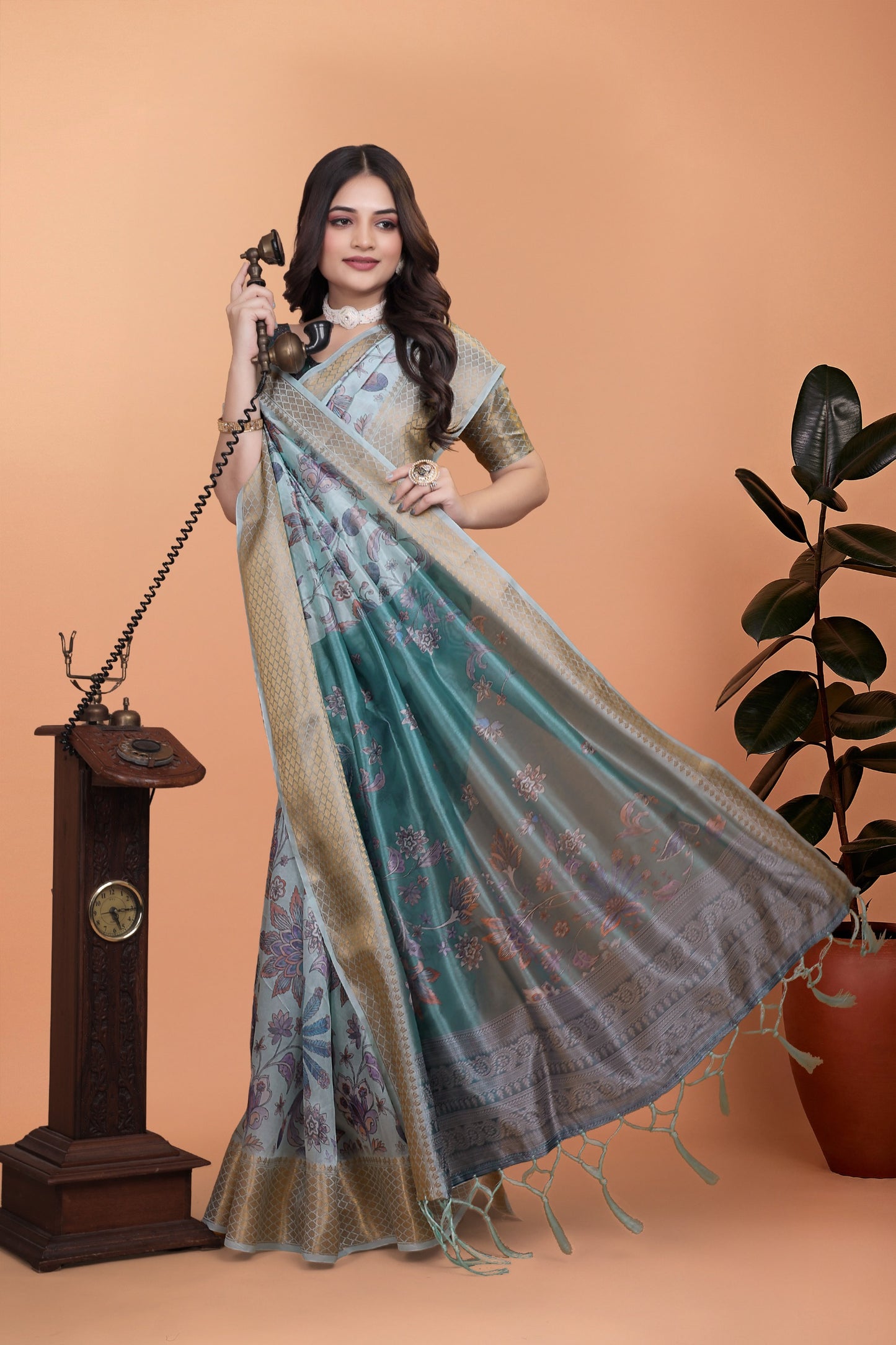 Pastel Blue & Teal Soft Silk Saree with Floral Weaving