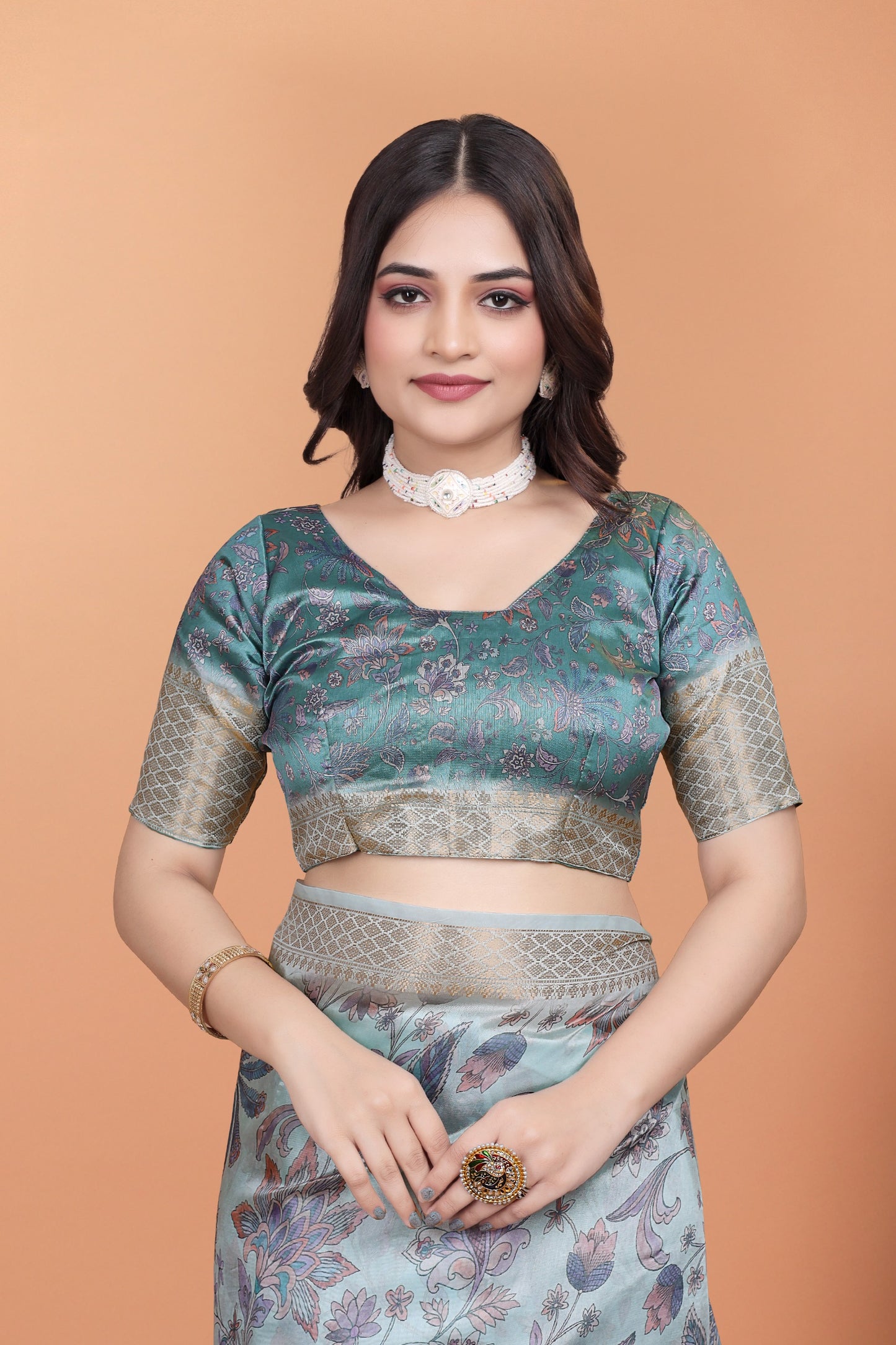 Pastel Blue & Teal Soft Silk Saree with Floral Weaving