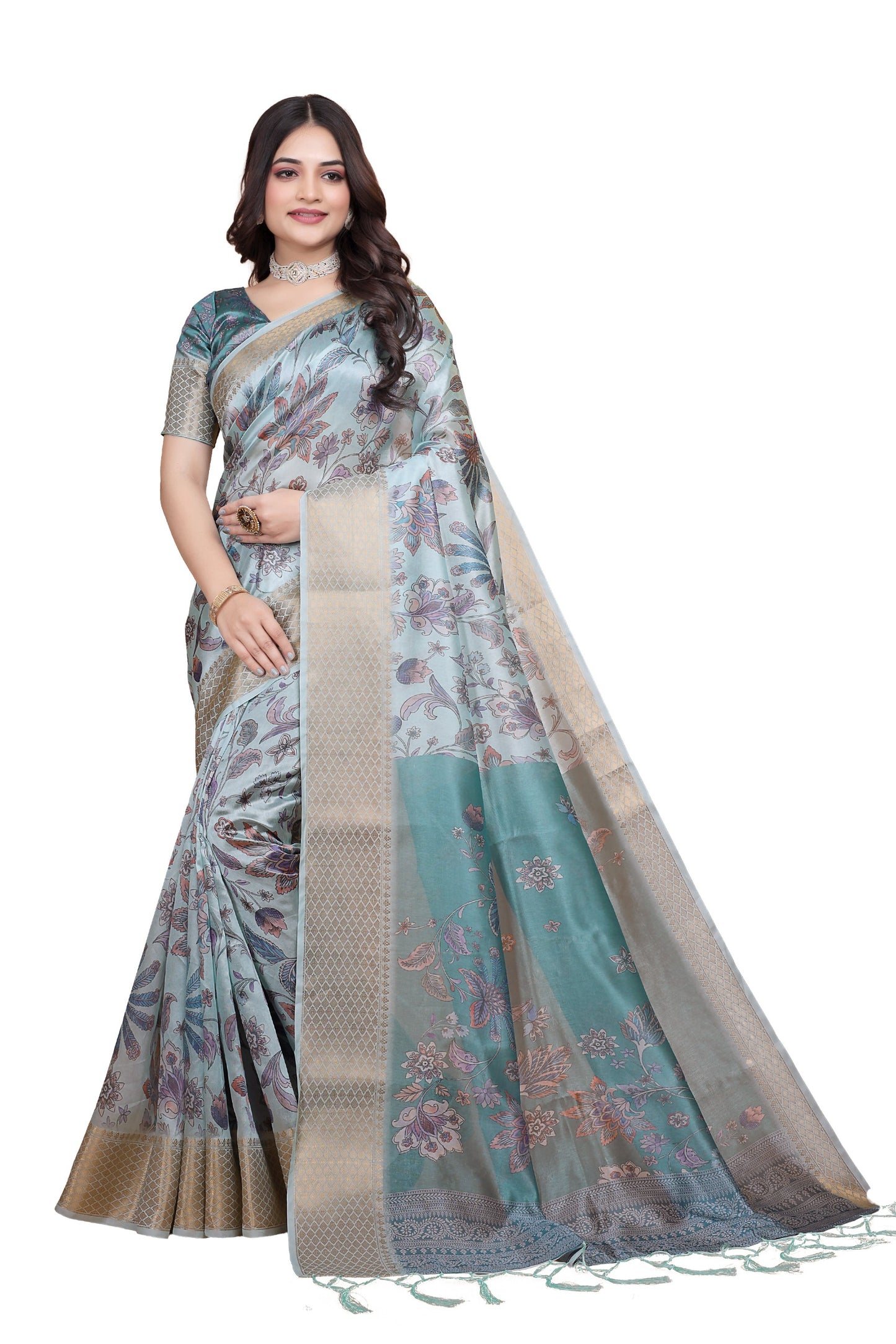Pastel Blue & Teal Soft Silk Saree with Floral Weaving