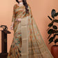 Golden Beige Soft Silk Saree with Autumn Leaf Print & Traditional Pallu