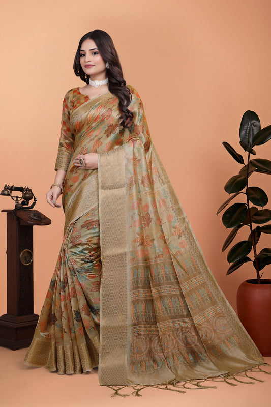 Golden Beige Soft Silk Saree with Autumn Leaf Print & Traditional Pallu