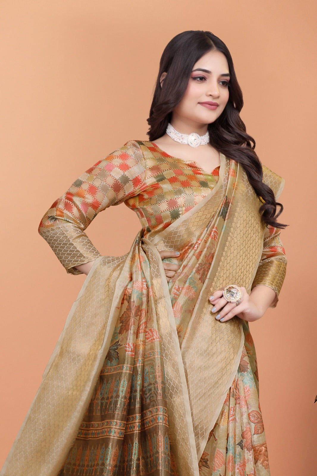 Golden Beige Soft Silk Saree with Autumn Leaf Print & Traditional Pallu