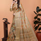 Golden Beige Soft Silk Saree with Autumn Leaf Print & Traditional Pallu