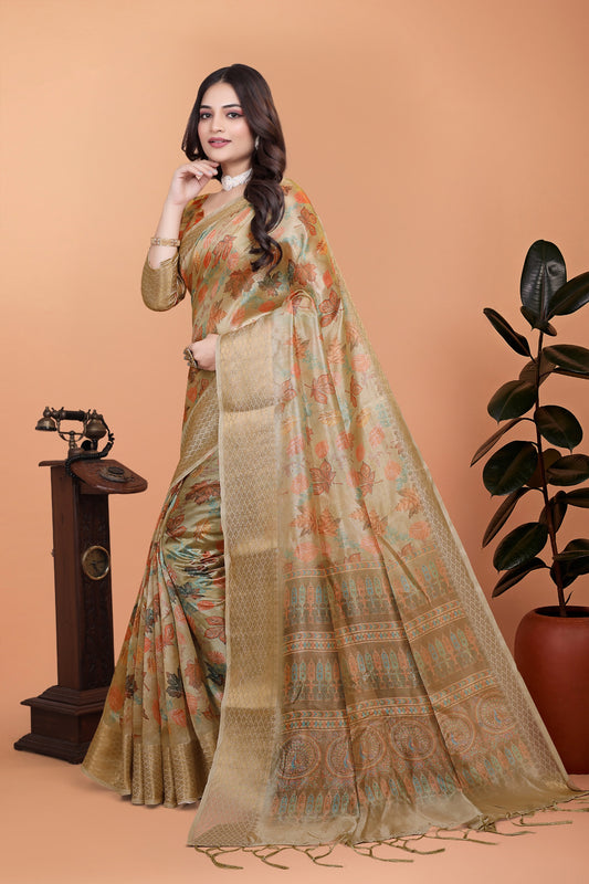 Golden Beige Soft Silk Saree with Autumn Leaf Print & Traditional Pallu