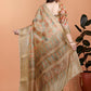 Golden Beige Soft Silk Saree with Autumn Leaf Print & Traditional Pallu
