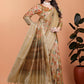 Golden Beige Soft Silk Saree with Autumn Leaf Print & Traditional Pallu