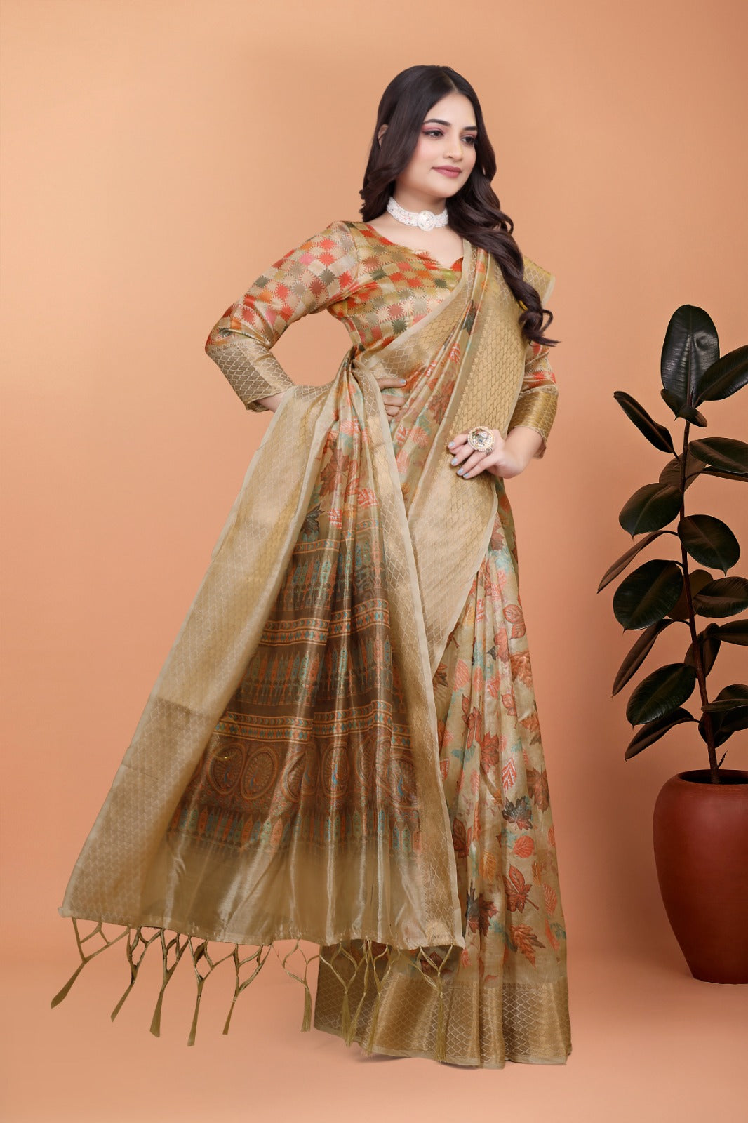Golden Beige Soft Silk Saree with Autumn Leaf Print & Traditional Pallu