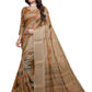 Golden Beige Soft Silk Saree with Autumn Leaf Print & Traditional Pallu