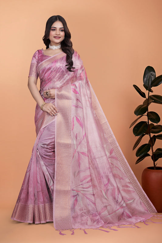 Soft Pink Silk Saree with Elegant Leaf Pattern