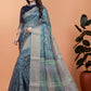 Peacock Blue Soft Silk Saree with Floral Zari Weave & Multi-Color Pallu