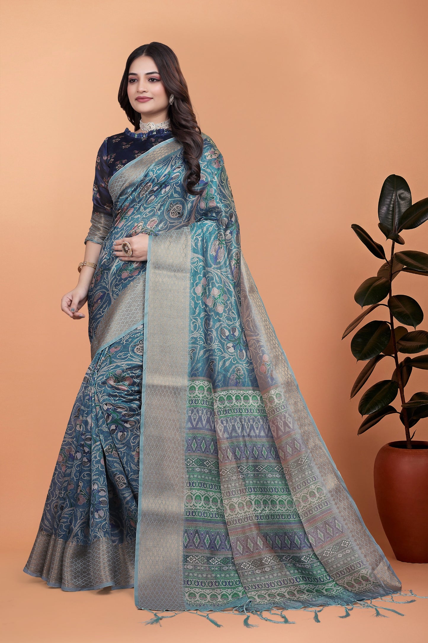Peacock Blue Soft Silk Saree with Floral Zari Weave & Multi-Color Pallu