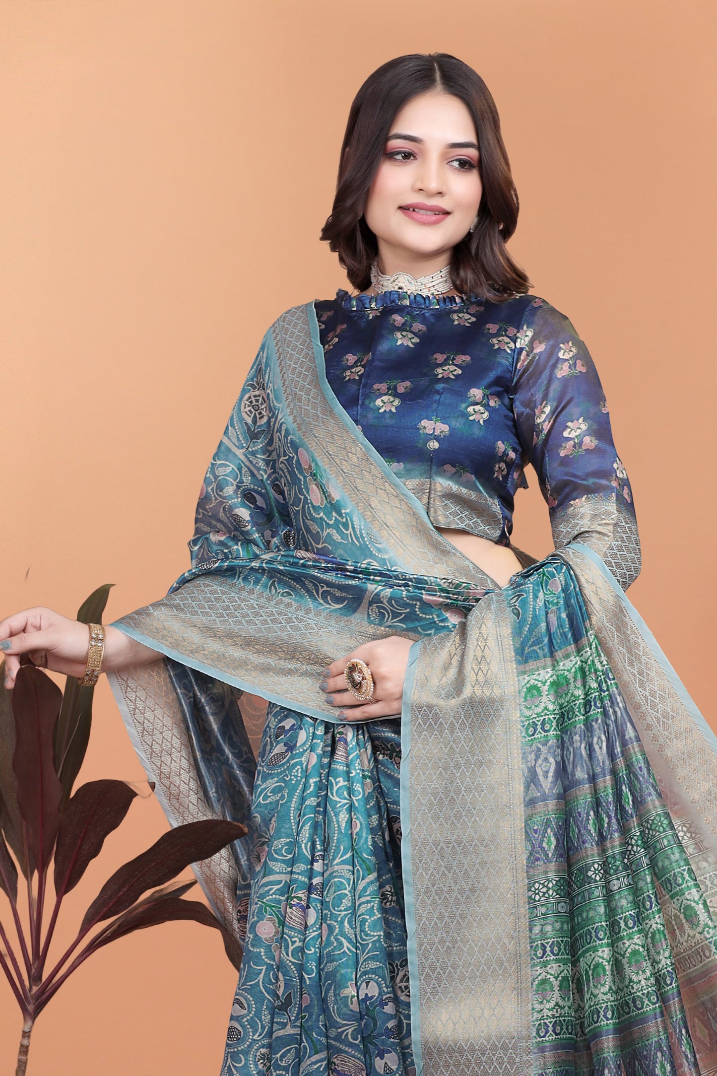Peacock Blue Soft Silk Saree with Floral Zari Weave & Multi-Color Pallu