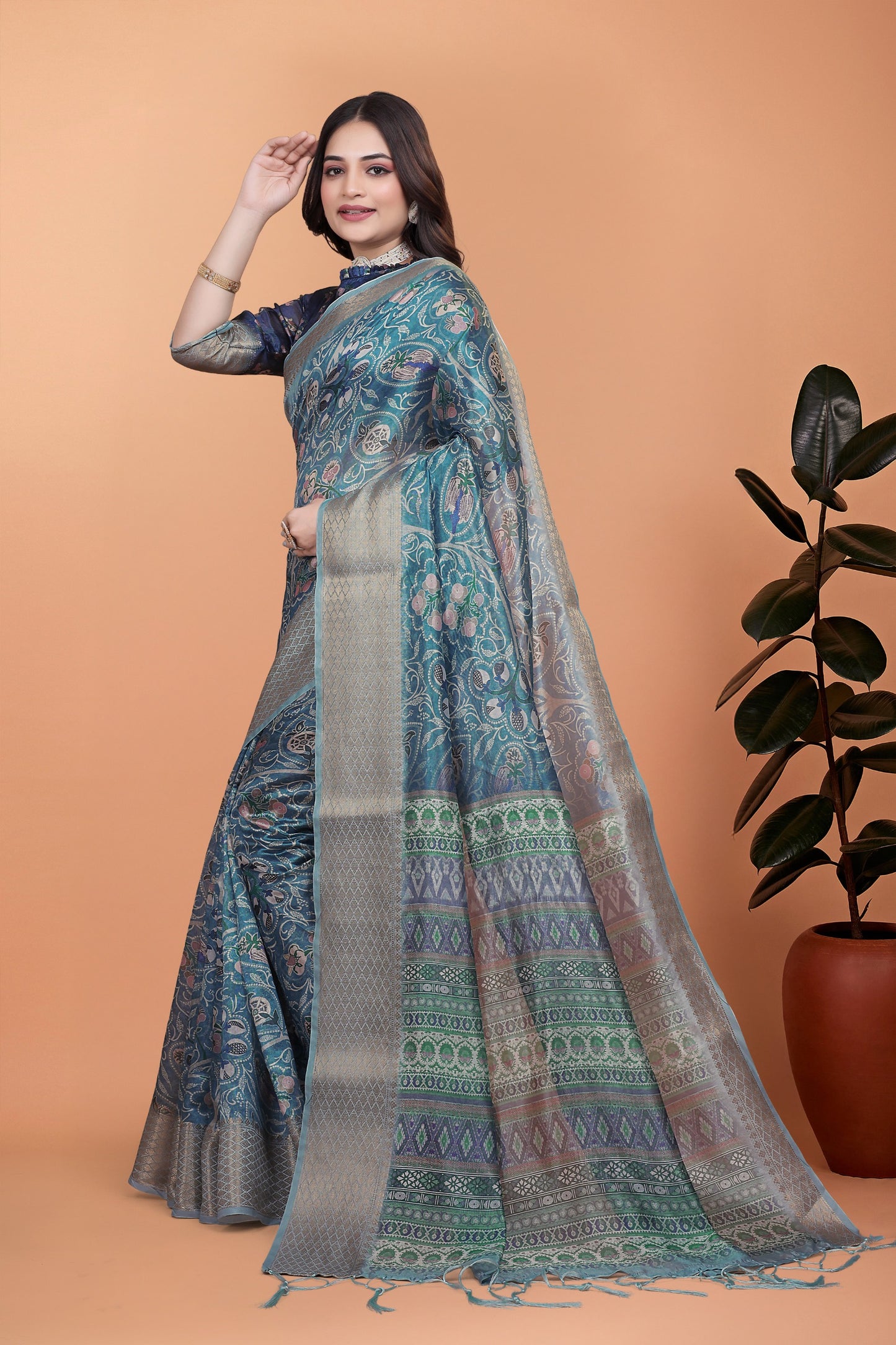 Peacock Blue Soft Silk Saree with Floral Zari Weave & Multi-Color Pallu