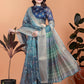 Peacock Blue Soft Silk Saree with Floral Zari Weave & Multi-Color Pallu