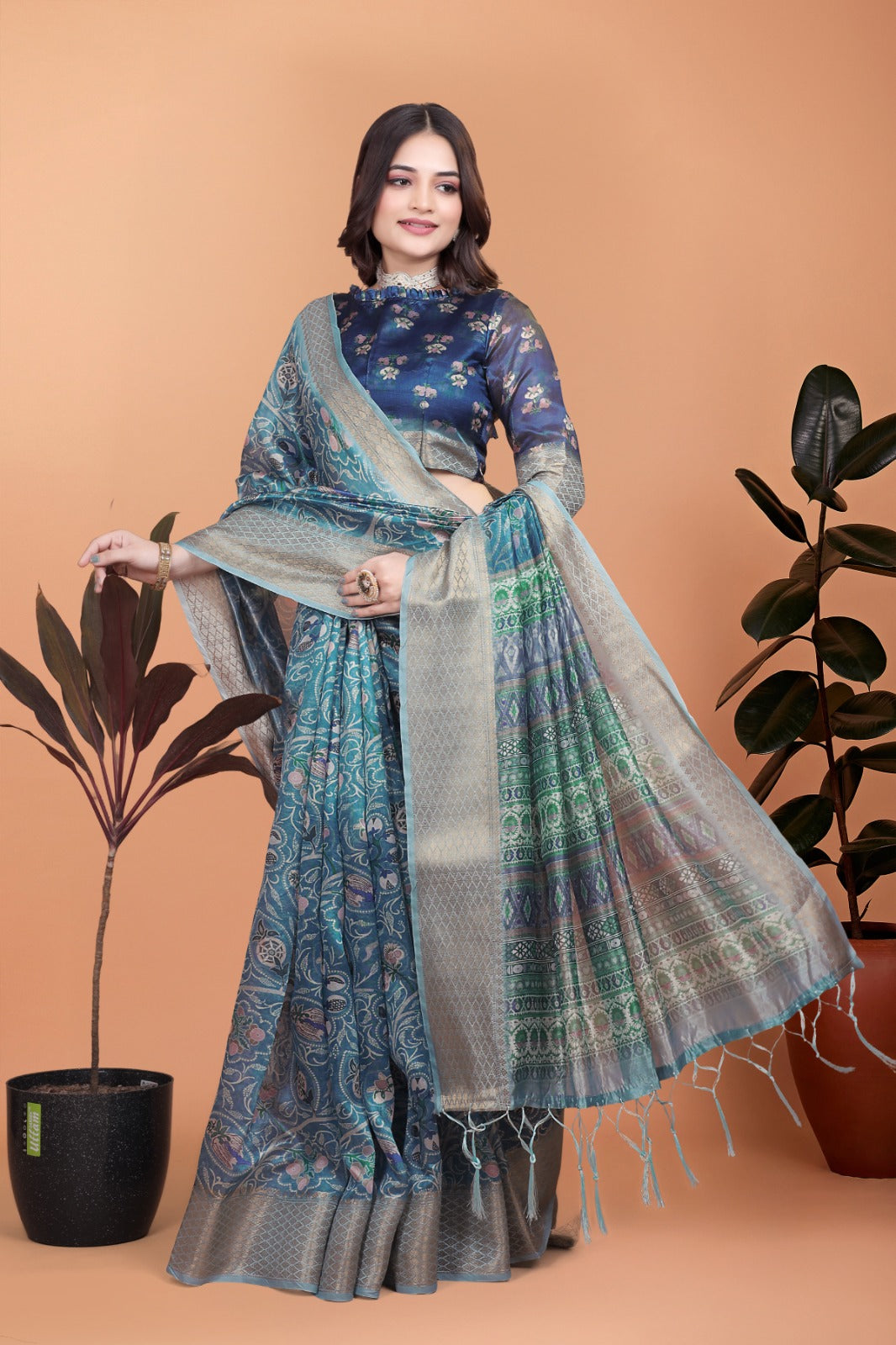 Peacock Blue Soft Silk Saree with Floral Zari Weave & Multi-Color Pallu