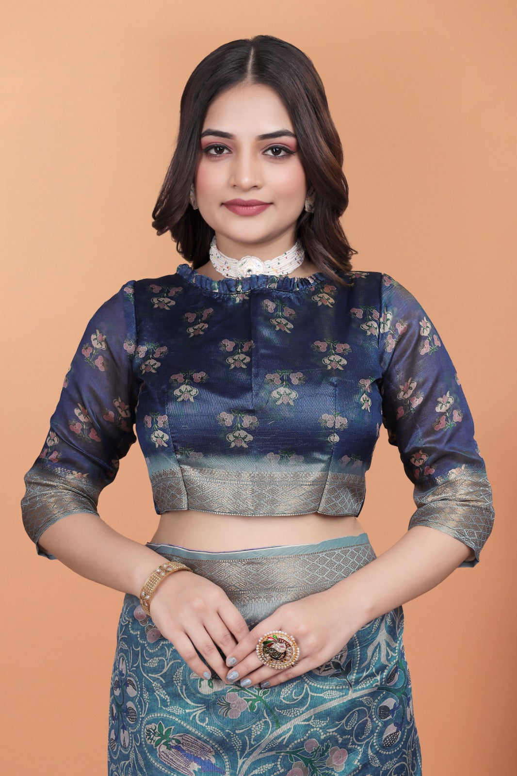 Peacock Blue Soft Silk Saree with Floral Zari Weave & Multi-Color Pallu