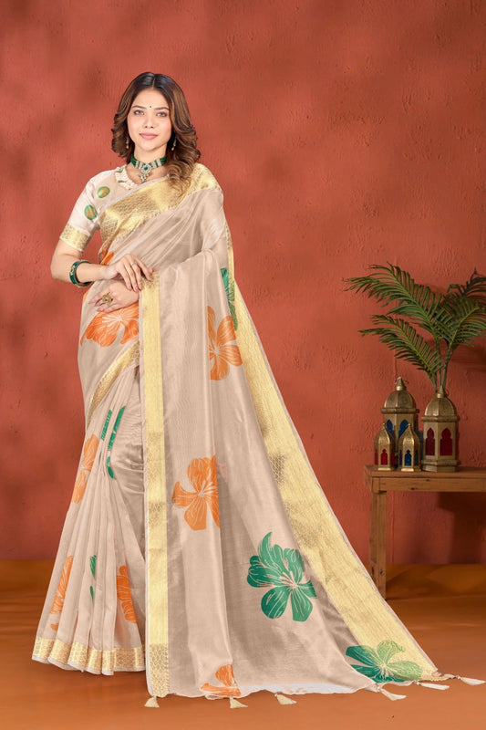 Beige Soft Silk Saree with Bold Floral Print & Golden Zari Border