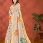 Beige Soft Silk Saree with Bold Floral Print & Golden Zari Border