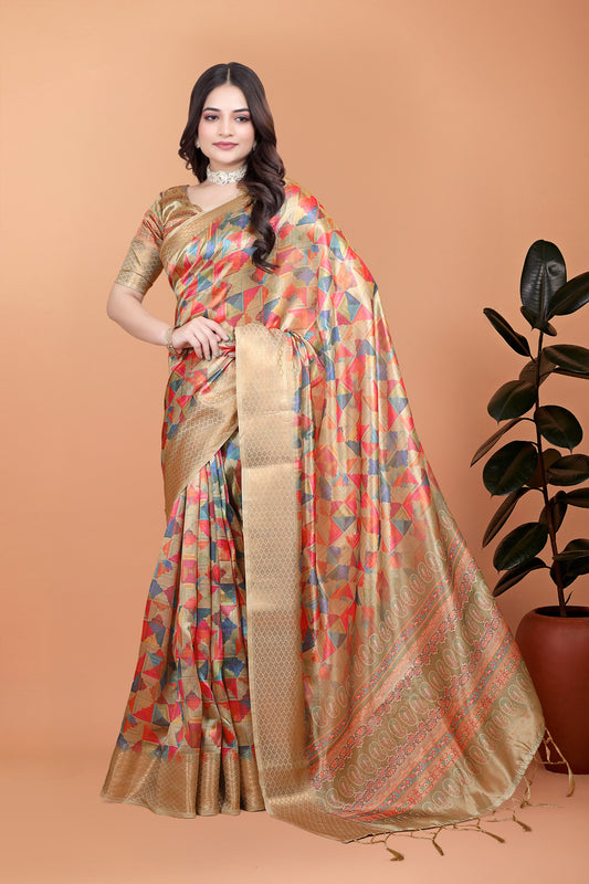 Golden Multicolor Soft Silk Saree with Geometric Weave & Ornate Pallu