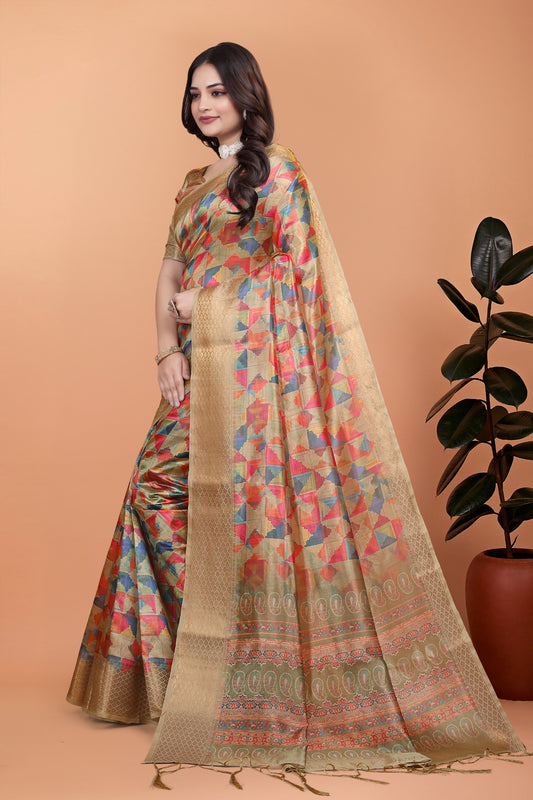 Golden Multicolor Soft Silk Saree with Geometric Weave & Ornate Pallu