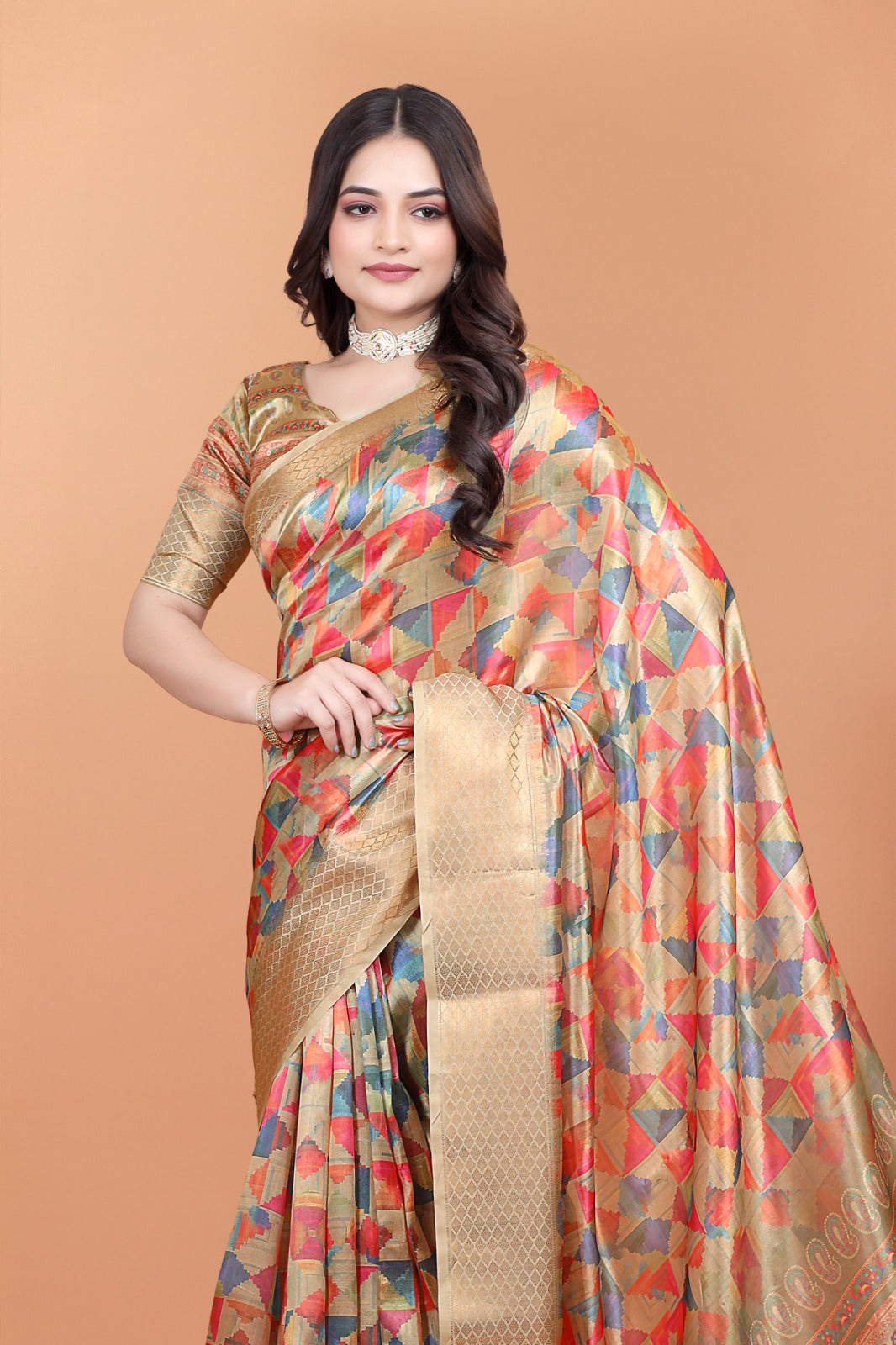 Golden Multicolor Soft Silk Saree with Geometric Weave & Ornate Pallu
