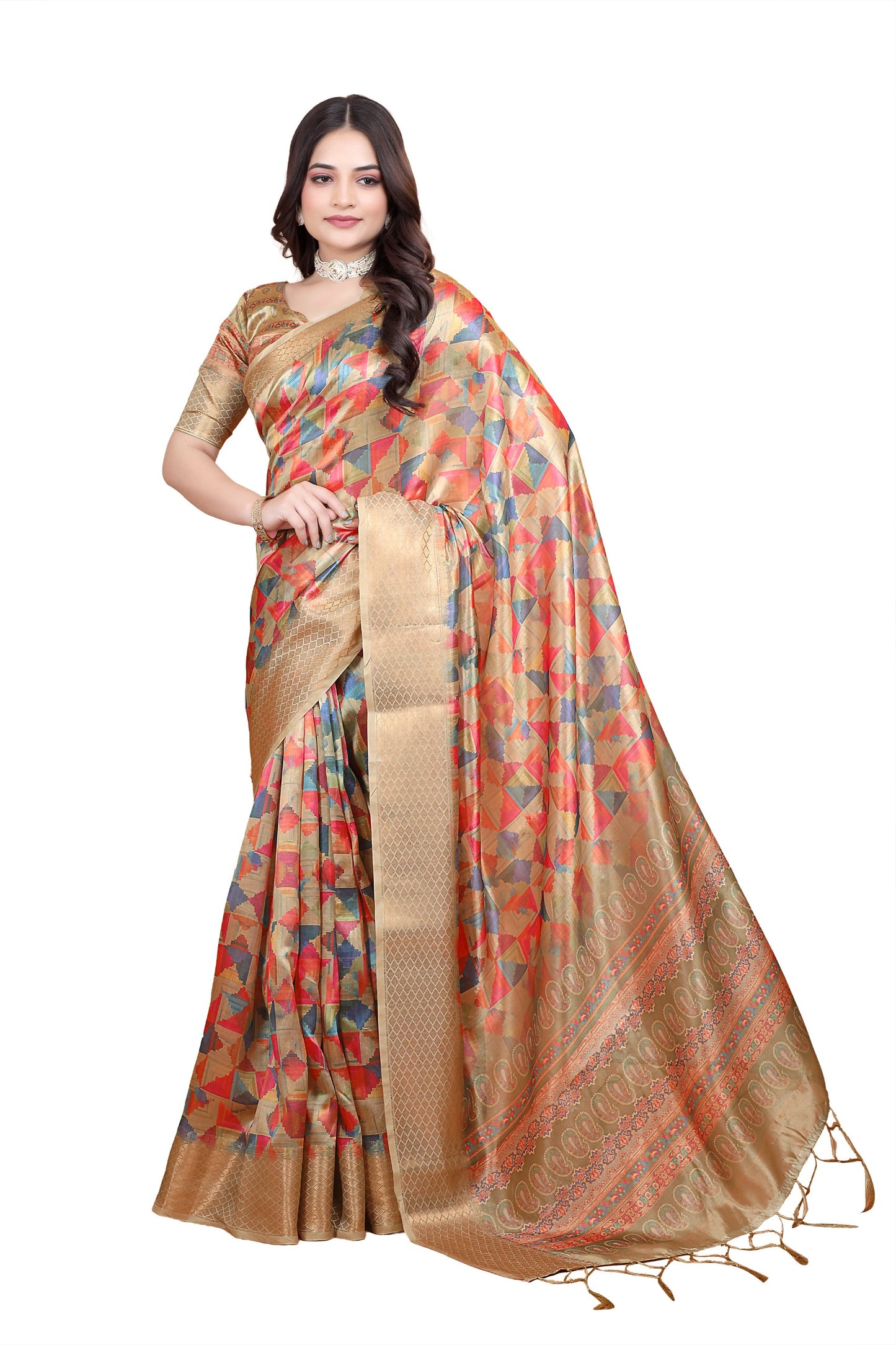 Golden Multicolor Soft Silk Saree with Geometric Weave & Ornate Pallu
