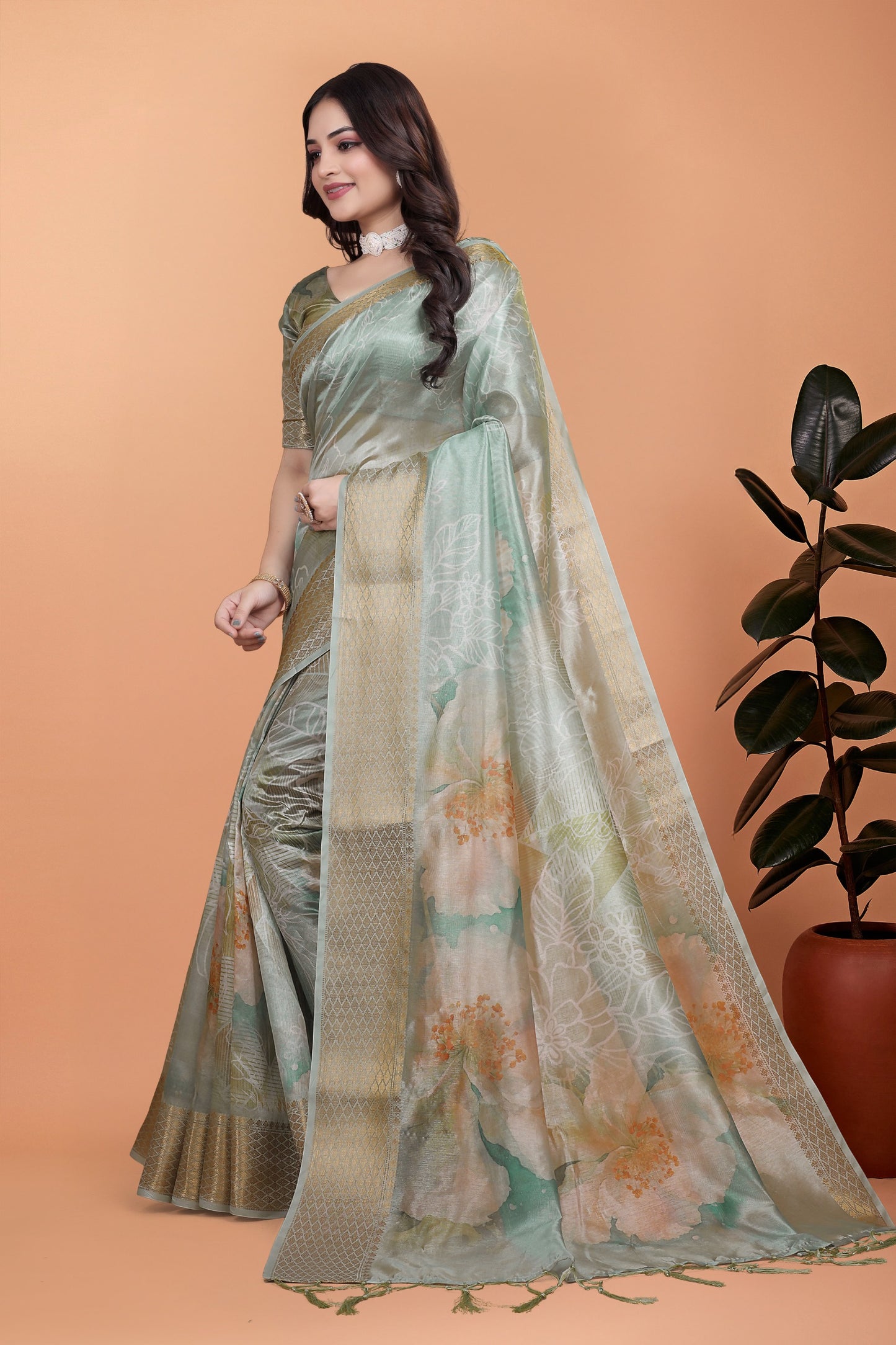 pastel Green Soft Silk Saree with Floral Digital Print & Golden Zari Border