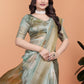 pastel Green Soft Silk Saree with Floral Digital Print & Golden Zari Border