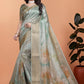 pastel Green Soft Silk Saree with Floral Digital Print & Golden Zari Border