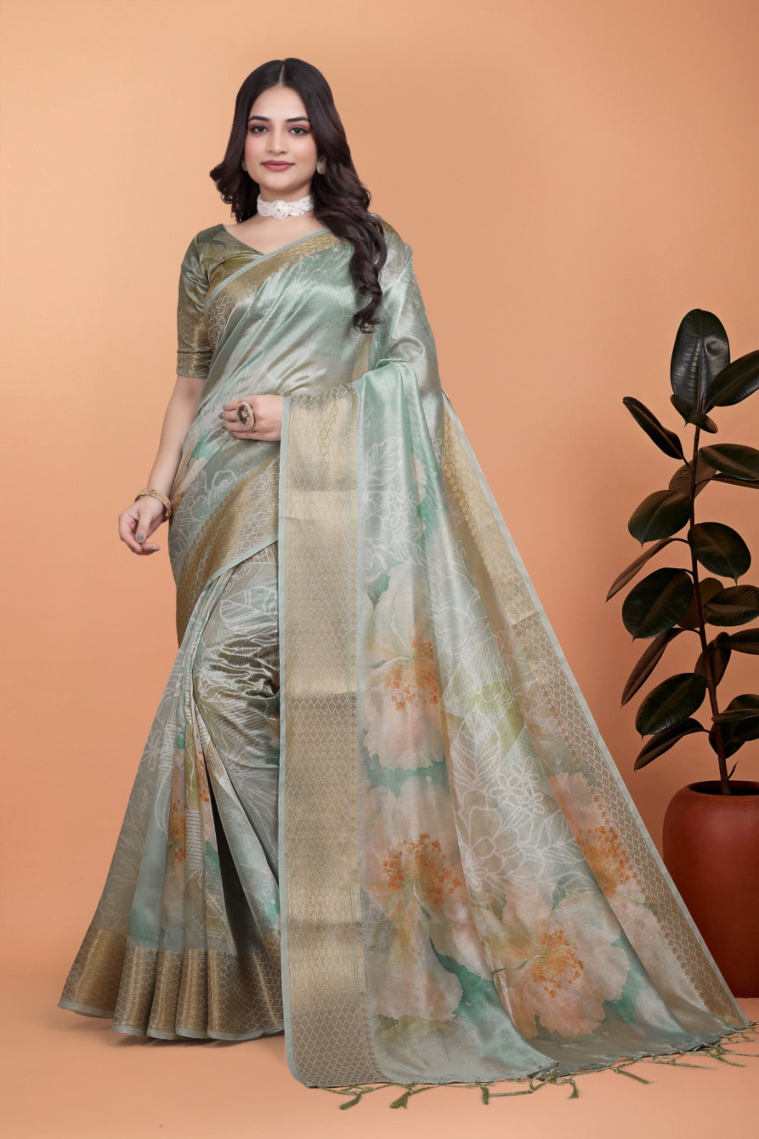 pastel Green Soft Silk Saree with Floral Digital Print & Golden Zari Border