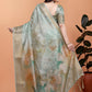 pastel Green Soft Silk Saree with Floral Digital Print & Golden Zari Border