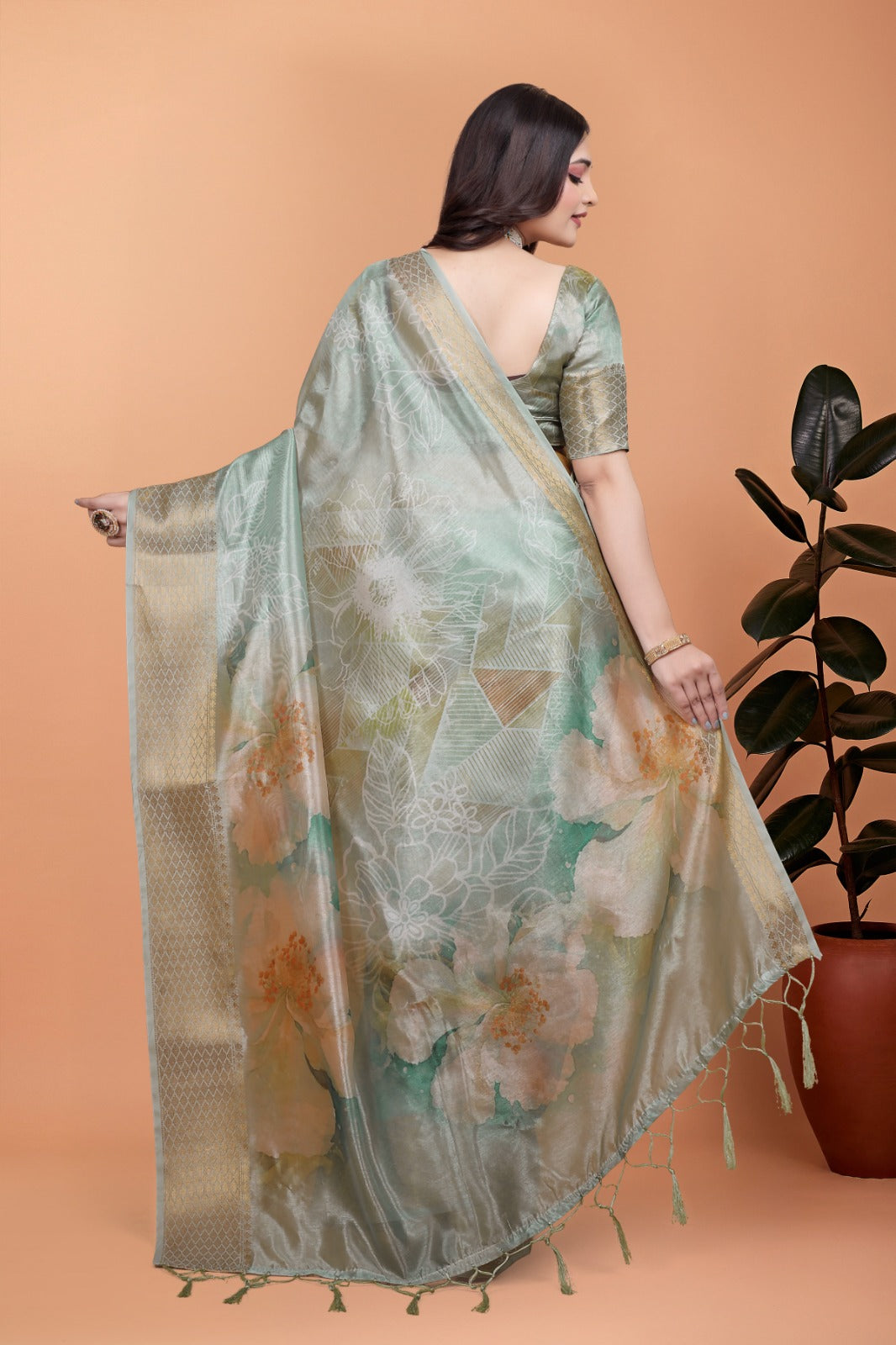 pastel Green Soft Silk Saree with Floral Digital Print & Golden Zari Border