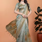 pastel Green Soft Silk Saree with Floral Digital Print & Golden Zari Border