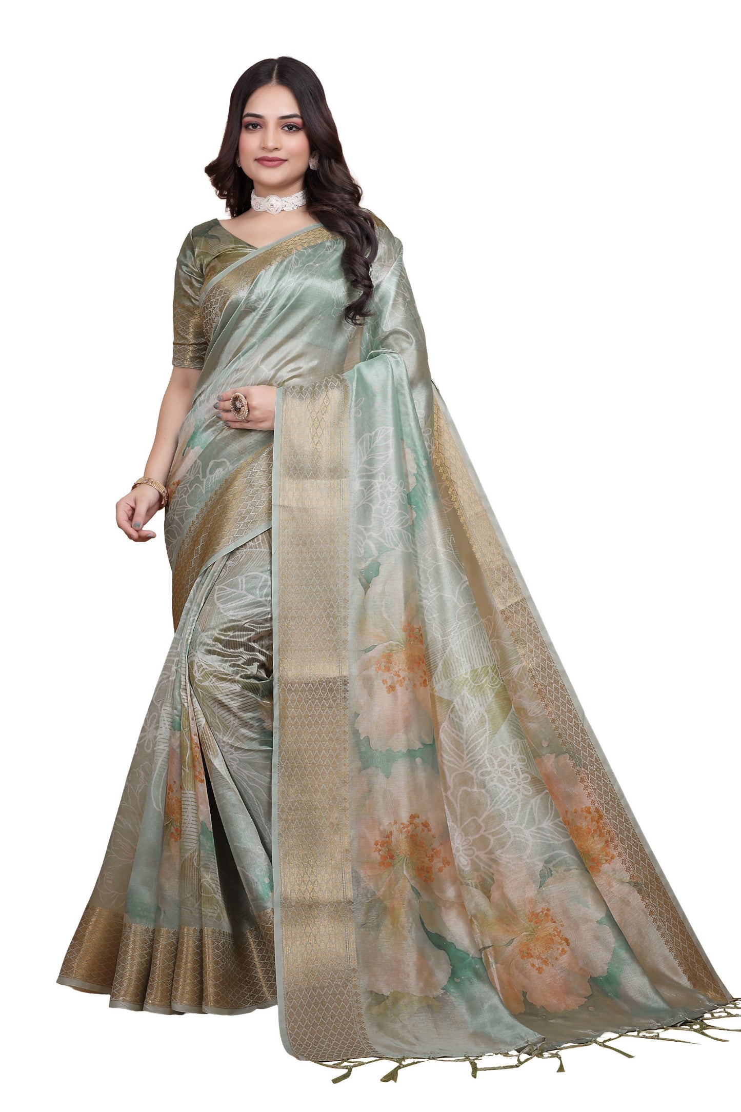 pastel Green Soft Silk Saree with Floral Digital Print & Golden Zari Border