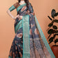 Midnight Blue Soft Silk Saree with Peach Floral Print & Aqua Zari Border