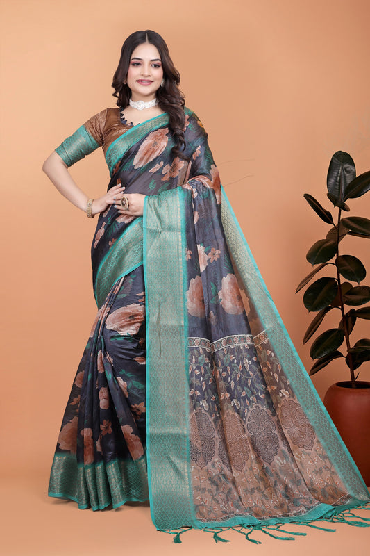 Midnight Blue Soft Silk Saree with Peach Floral Print & Aqua Zari Border