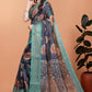 Midnight Blue Soft Silk Saree with Peach Floral Print & Aqua Zari Border